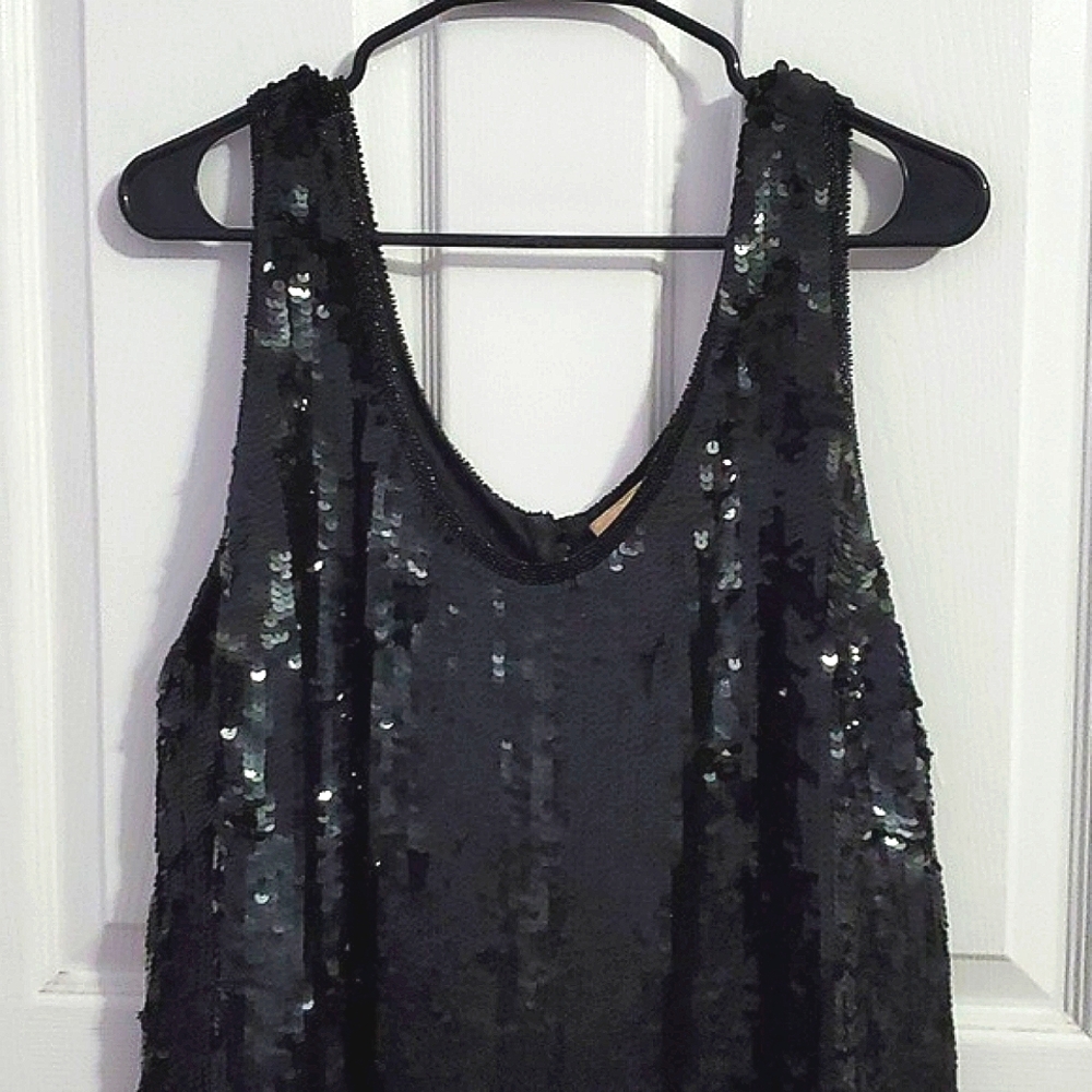 Essence Black Silk Sequined Evening Side Slit Shift Midi Dress Plus 26 - Picture 3 of 9